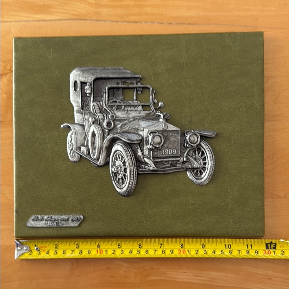 Vintage 3D Embossed Metal 1909 Silver Ghost Rolls Royce Green Leather Frame